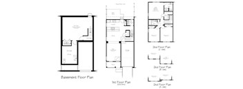 A set of three floor plans for a building, including a basement plan and two second floor unit plans.