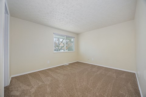 A room with a carpeted floor and a window.