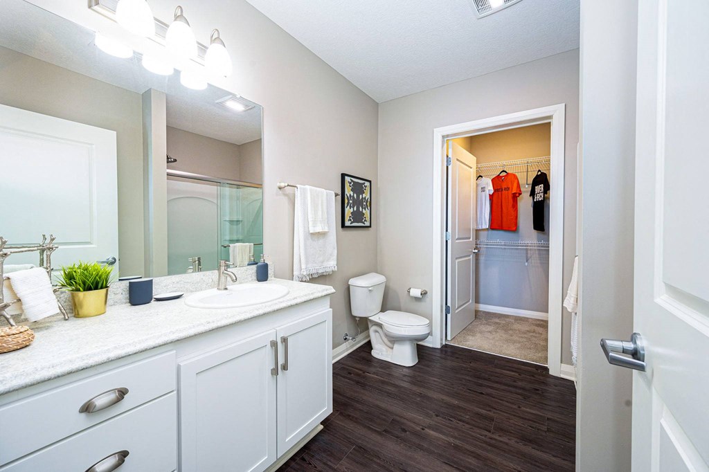 a bathroom with a mirror and a toilet and a walk in closet