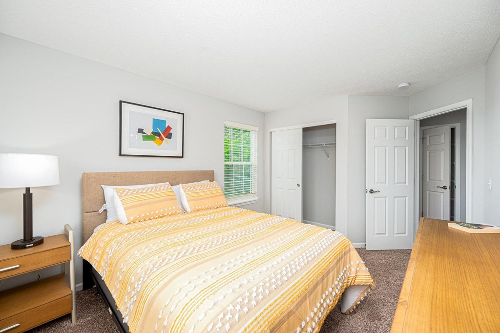 a bedroom with a bed and a closet