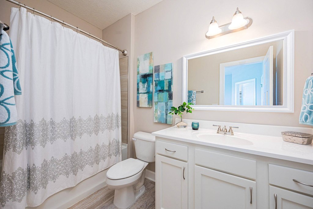 a bathroom with a shower curtain and a toilet