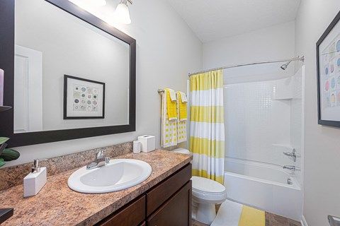 a bathroom with a sink and a shower and a toilet