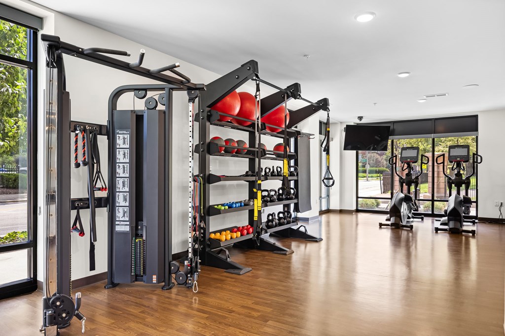 A gym with a variety of equipment including a squat rack, bench press, and a rowing machine.