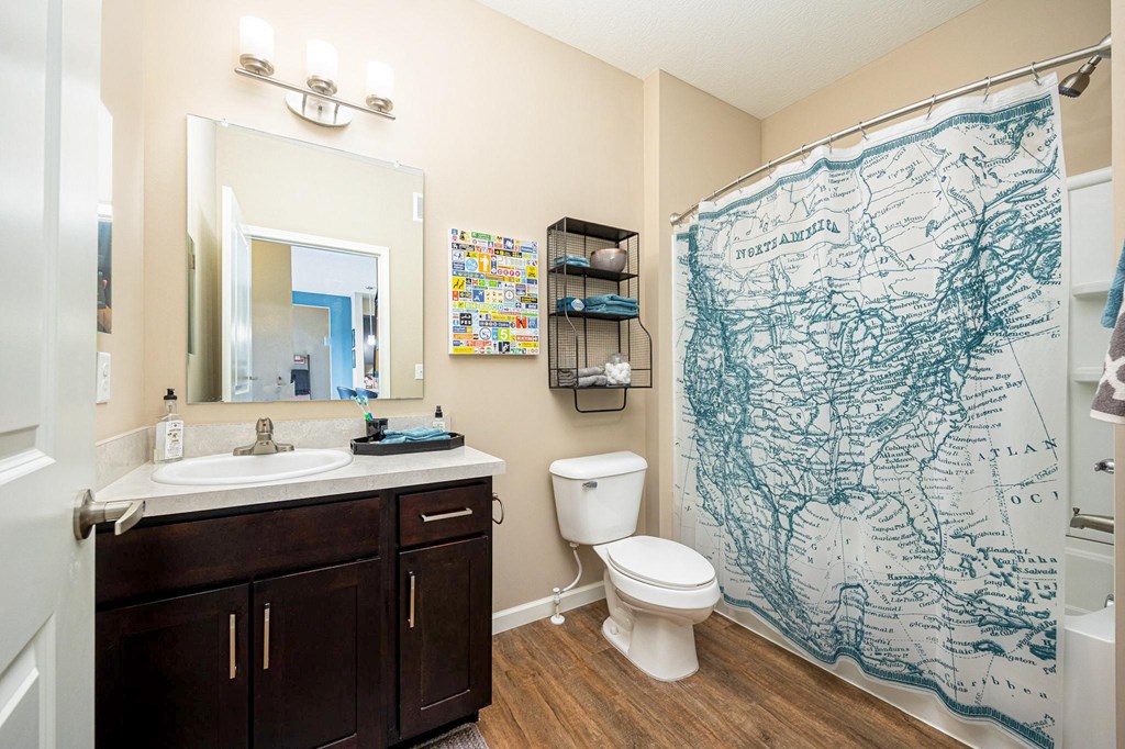 a bathroom with a shower curtain and a toilet and a sink