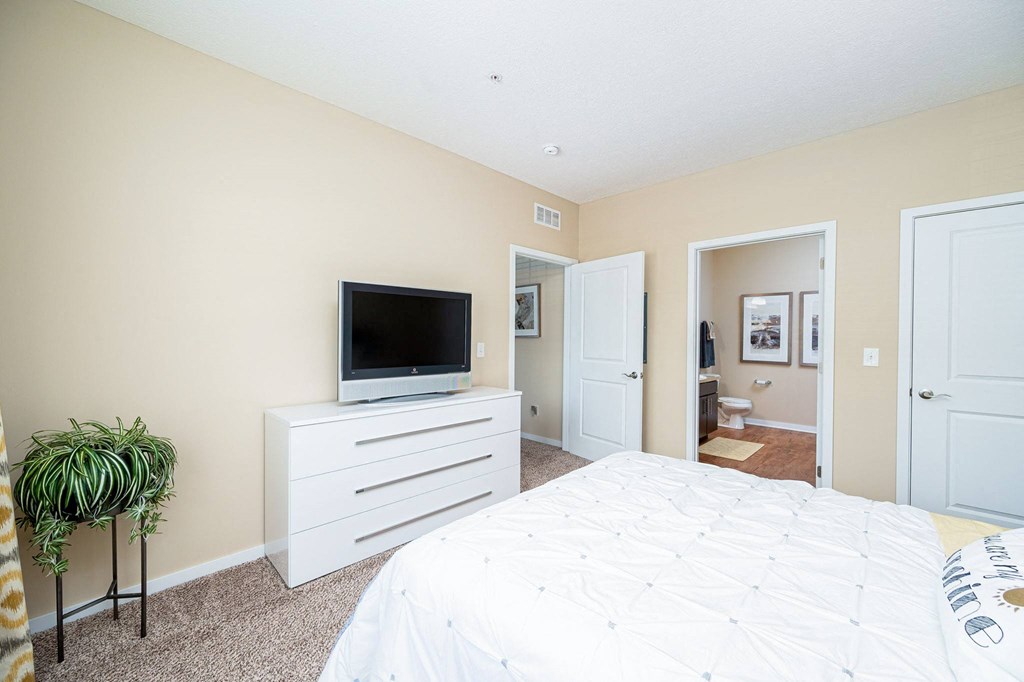 a bedroom with a bed and a television