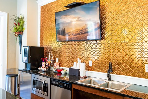 a kitchen with a counter and a sink and a tv on the wall