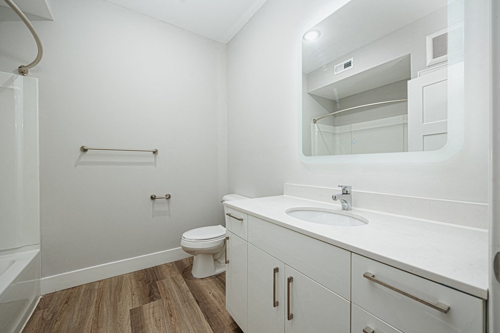 a bathroom with a sink toilet and a mirror