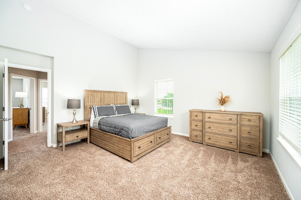 a bedroom with a bed and dressers and a window