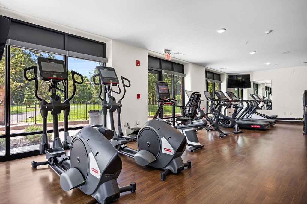 A gym with a row of elliptical machines.
