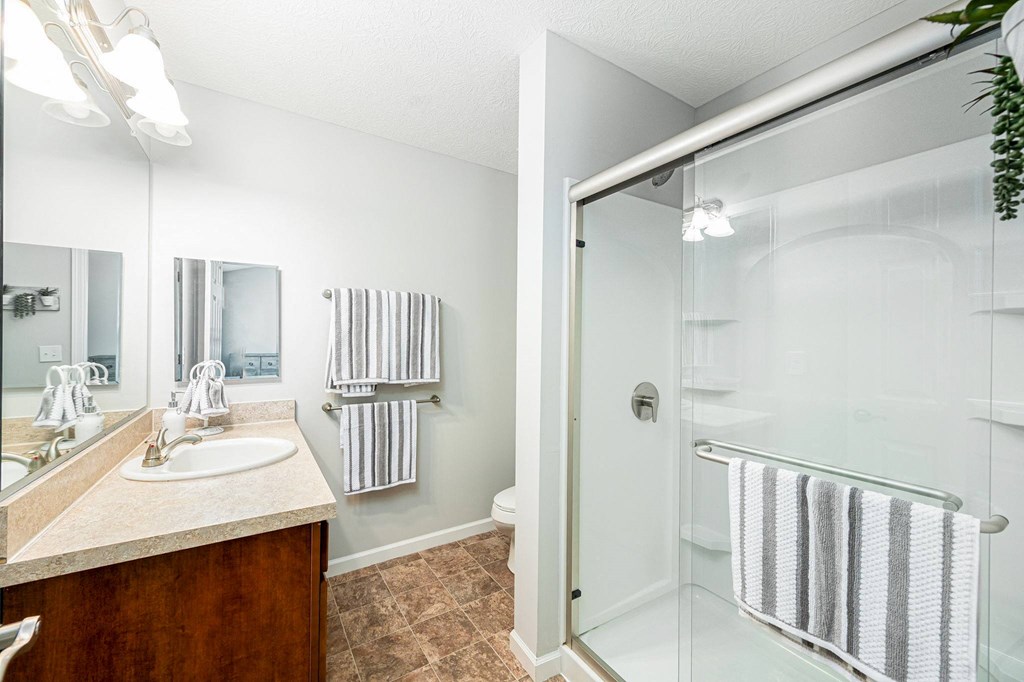 a bathroom with a shower and a sink and a mirror
