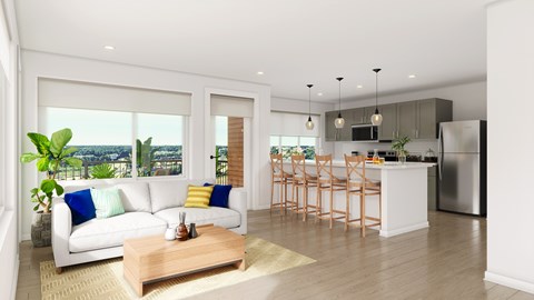 A modern living room with a view of the city.