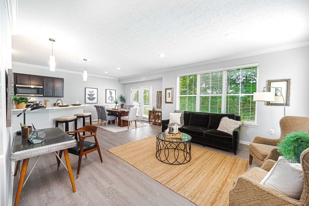 a living room with a couch and a table