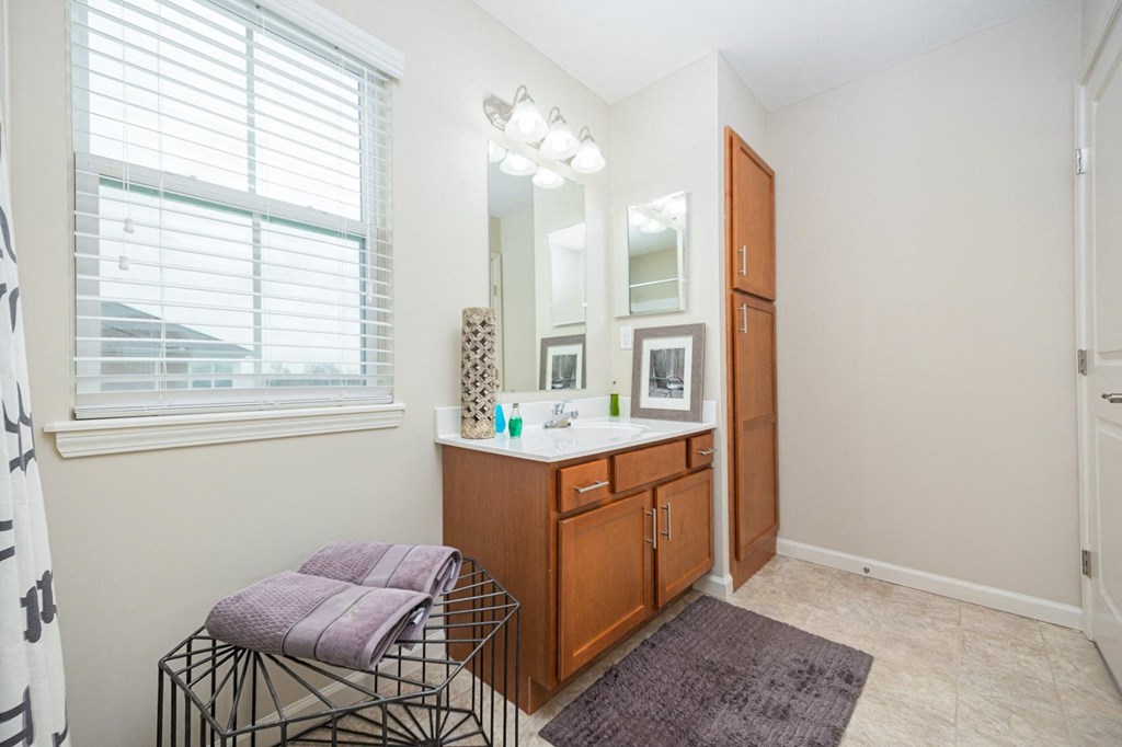 A bathroom with a vanity, mirror, and towel rack.