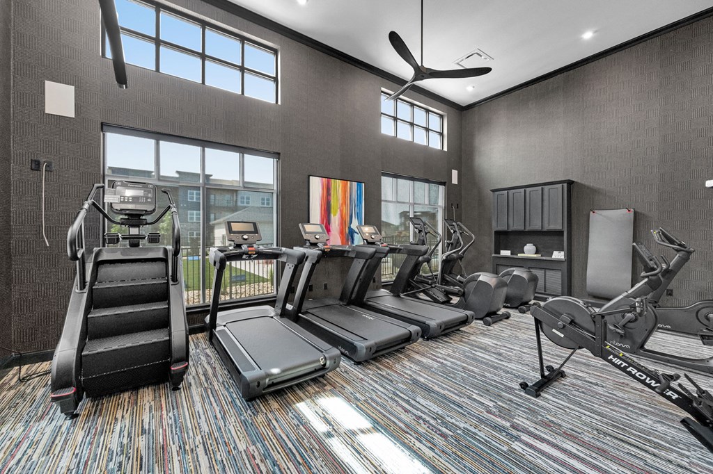 A gym with treadmills, elliptical machines, and a fan.