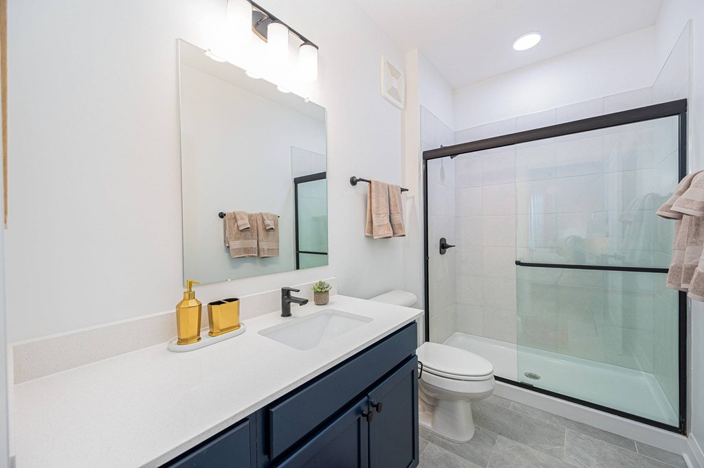 A bathroom with a sink, mirror, toilet, and shower.