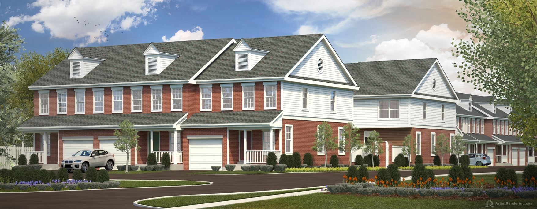 a rendering of a large brick and white home