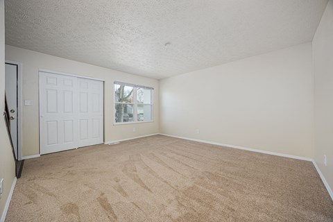 A room with a carpeted floor and a white door.