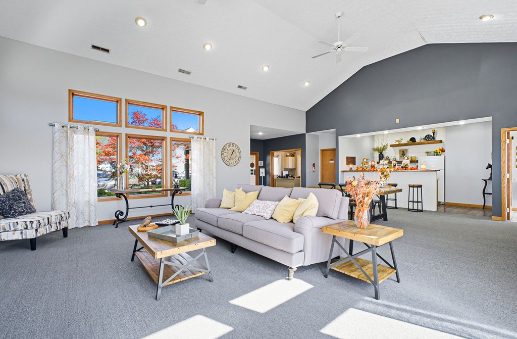 A living room with a grey couch, a coffee table, and a large window with a view of trees.