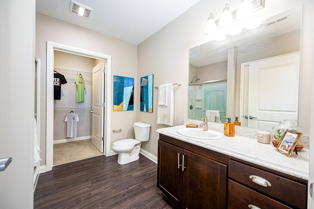 a bathroom with a large mirror and a toilet