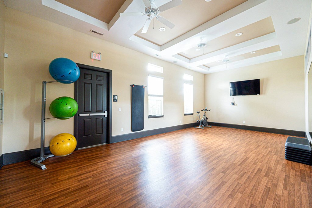 a large room with a wood floor and a ceiling fan and a door with spheres