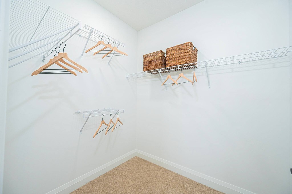 A white closet with clothes hangers and baskets.