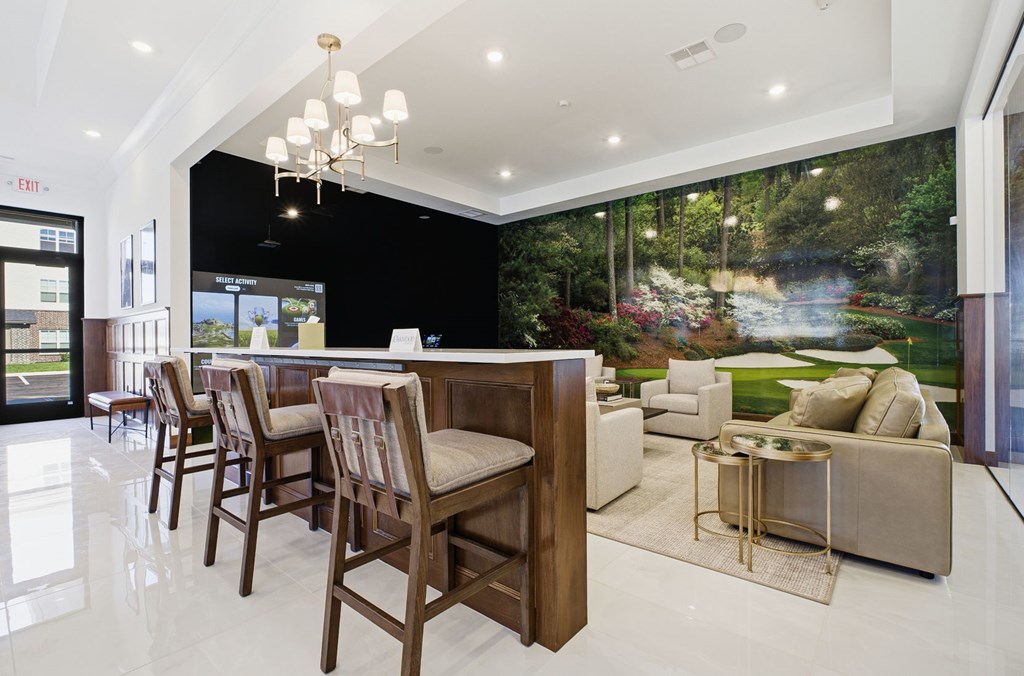 A modern living room with a large painting on the wall and a long wooden table with chairs.
