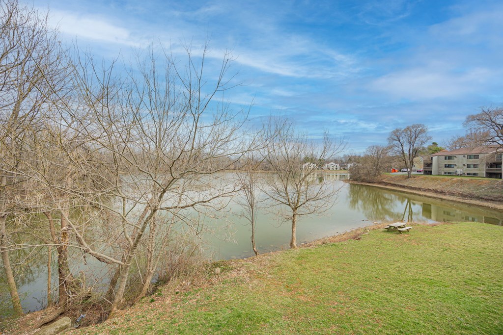 A river flows through a grassy area with trees on the left and a building on the right.