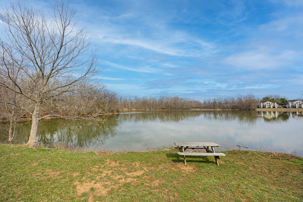 A picnic table sits on a grassy hill overlooking a lake.
