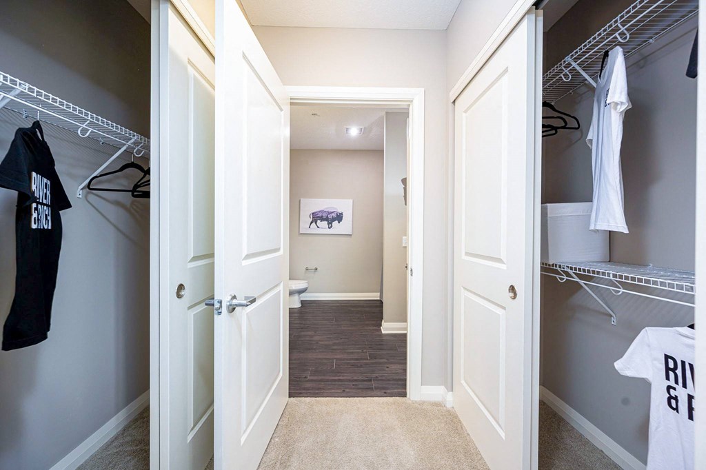 a walk in closet with closets and a toilet