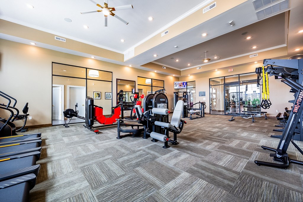 A gym with a variety of equipment including treadmills, weights, and a fan.