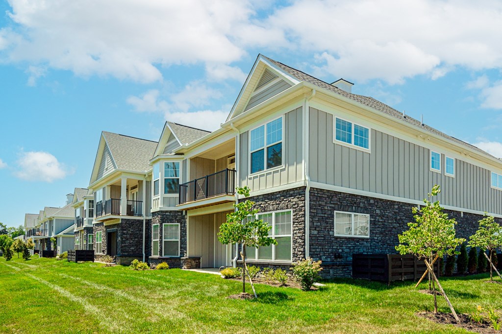 a row of houses with grass and trees in front of them