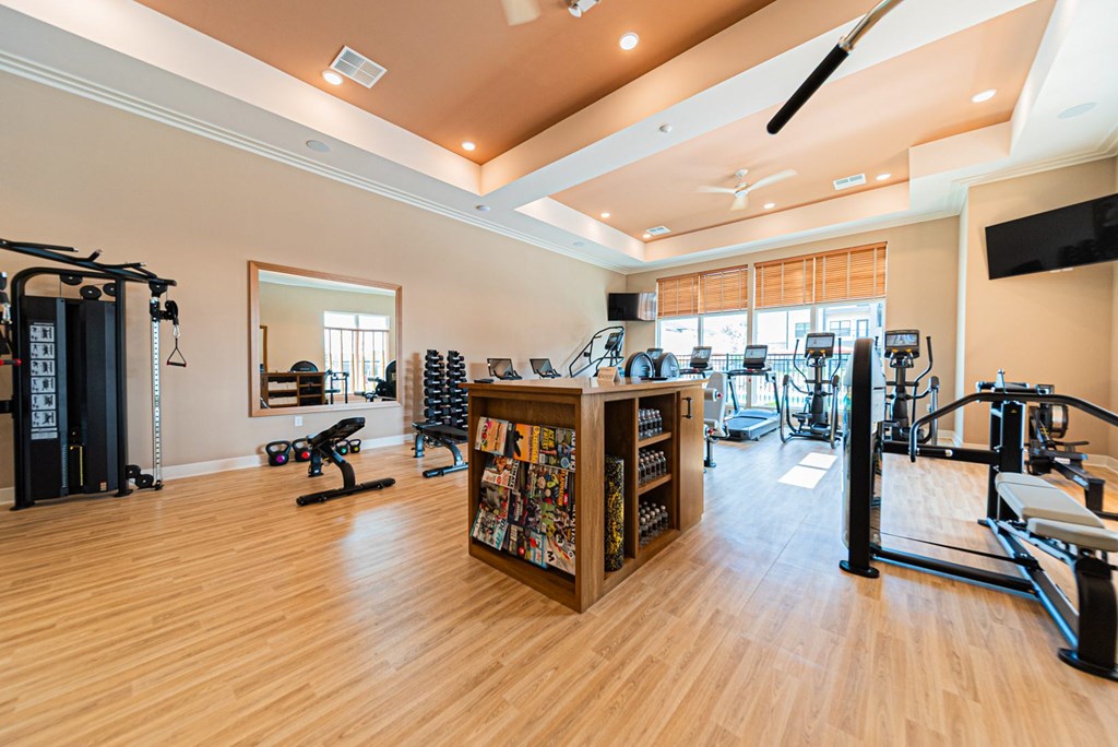 A gym with a variety of equipment including treadmills, weights, and a television.