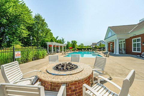 the preserve at ballantyne commons pool and patio with chairs and a fire pit