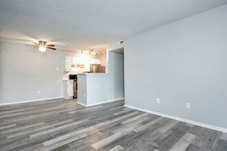 an open living room with a kitchen in the background