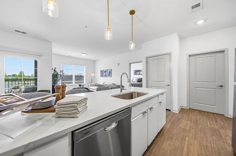 A modern kitchen with a large dishwasher and a window overlooking a balcony.
