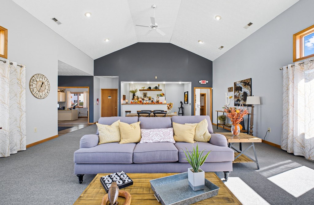 A living room with a grey couch and a coffee table.