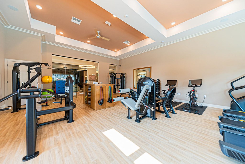 A spacious gym with a variety of equipment.