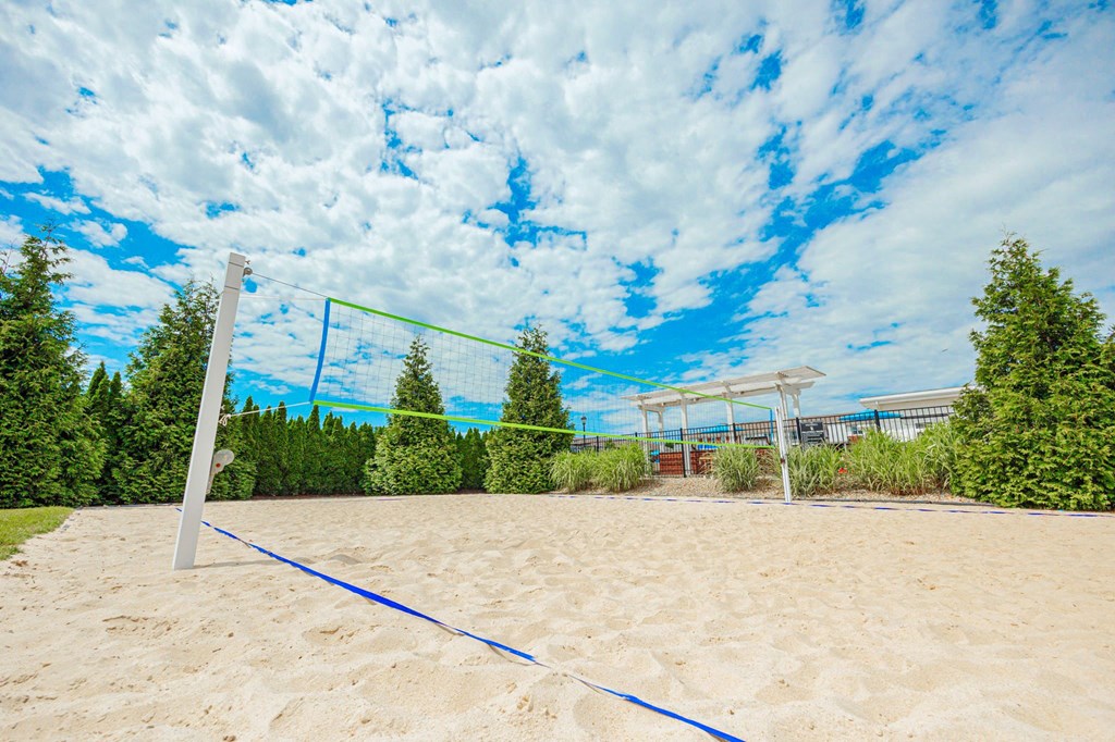a volleyball court on the sand in a park with trees