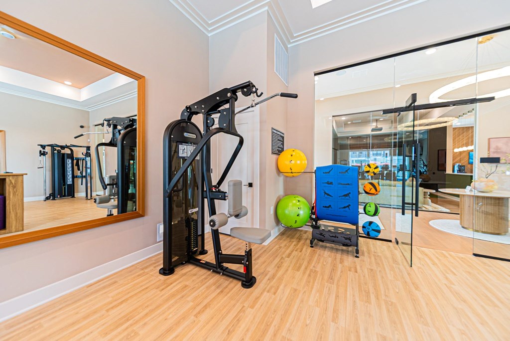 A gym with a mirror, exercise equipment, and a ball.