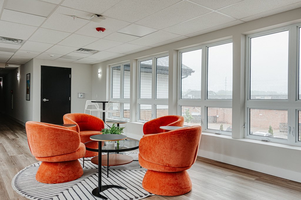 a lounge area with orange chairs and a black and white rug