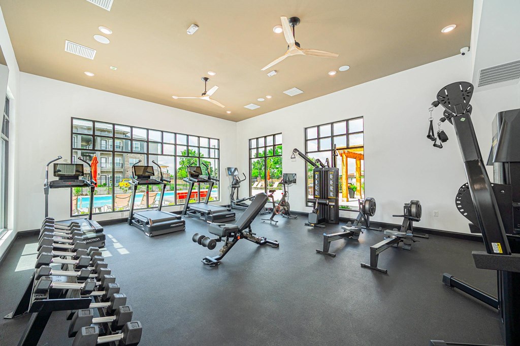 the gym has plenty of cardio equipment and windows