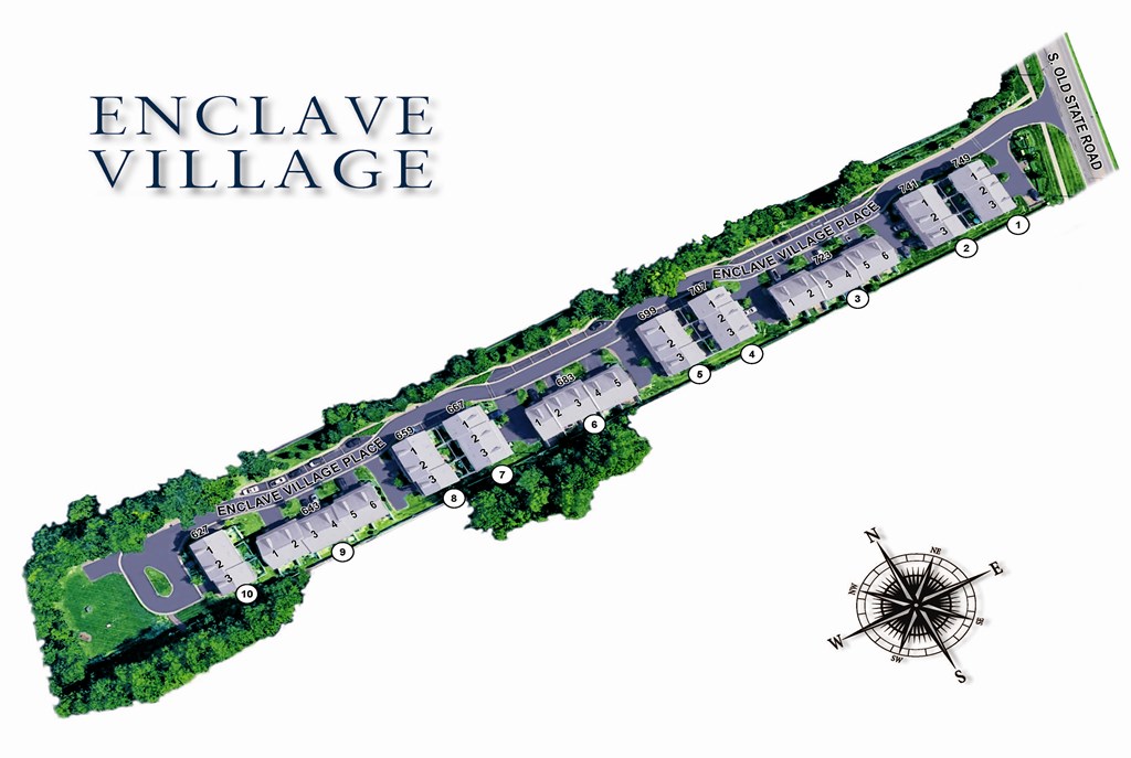 A map of Enclave Village with a compass rose in the corner.