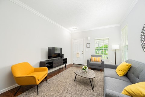 a living room with a couch and a tv