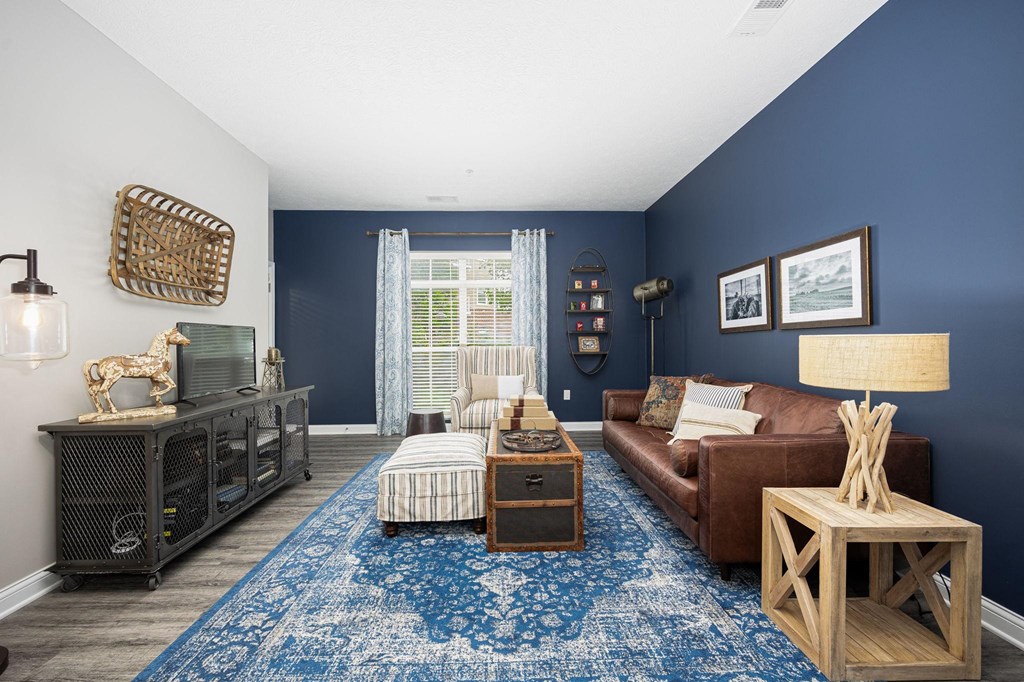 a living room with blue walls and a brown couch and a blue rug