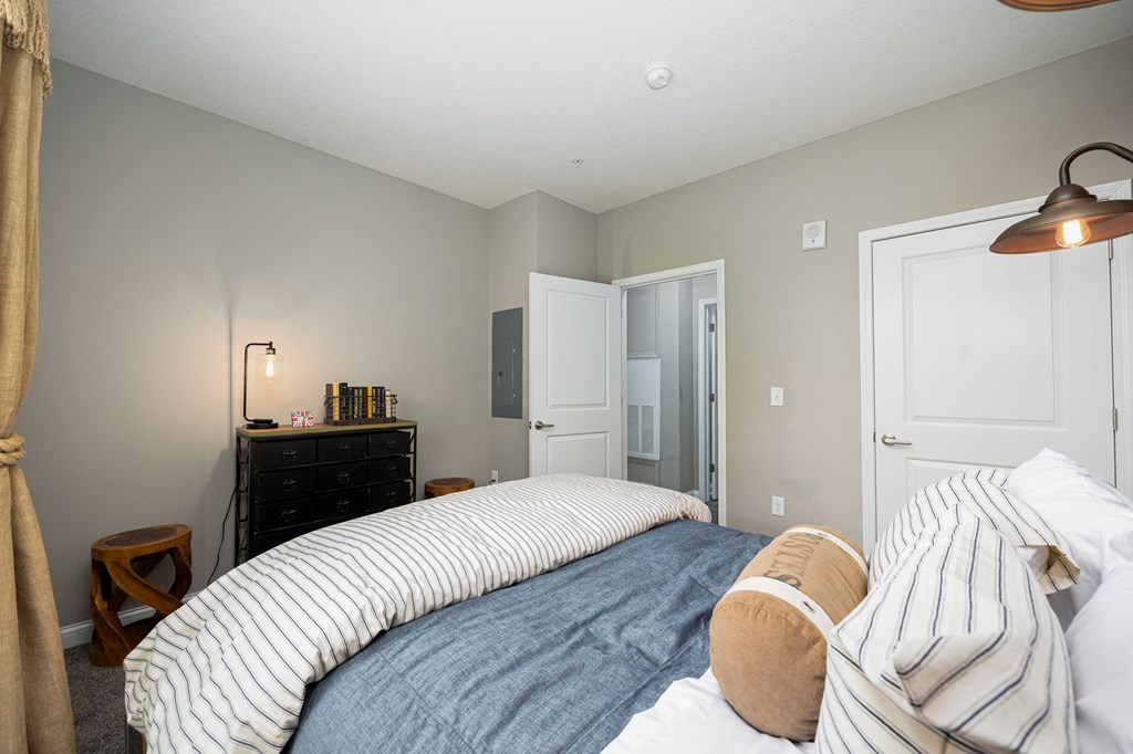 a bedroom with a bed and a dresser and a closet