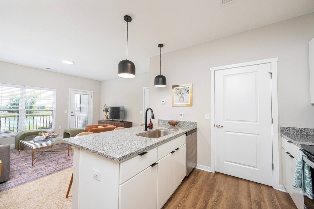 A kitchen with a white countertop and a white door.