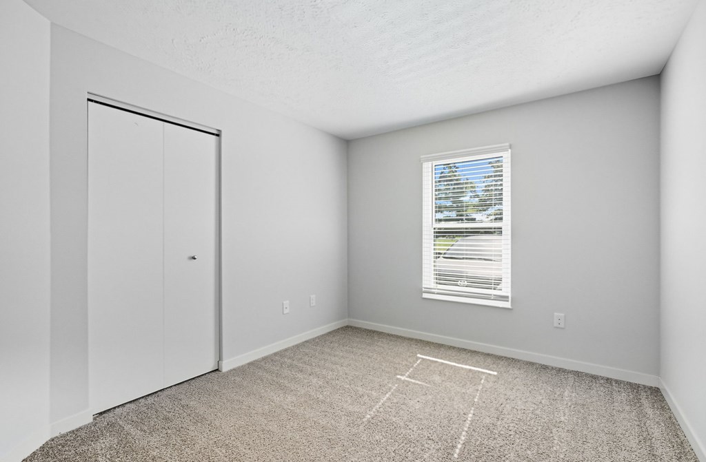 A room with a carpeted floor, a window with blinds, and a white door.