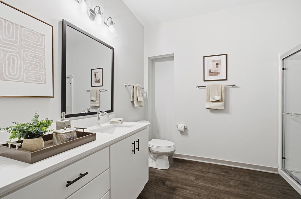 A bathroom with a toilet, sink, and mirror.