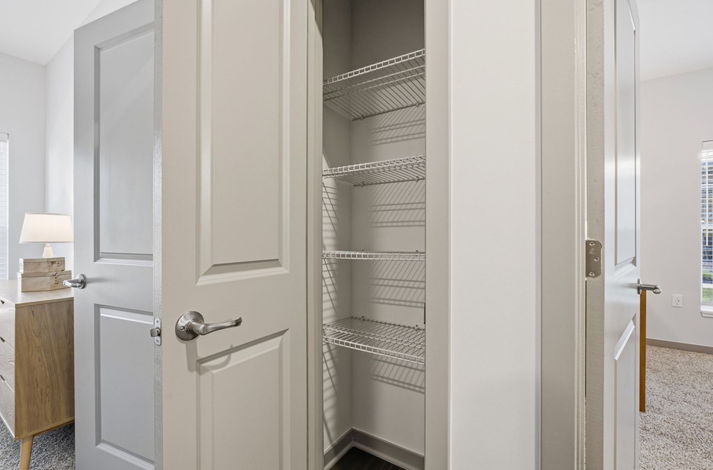 A white door with a handle is open to a walk-in closet with shelves.