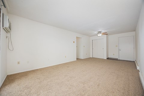A room with carpeted floor and a ceiling fan.